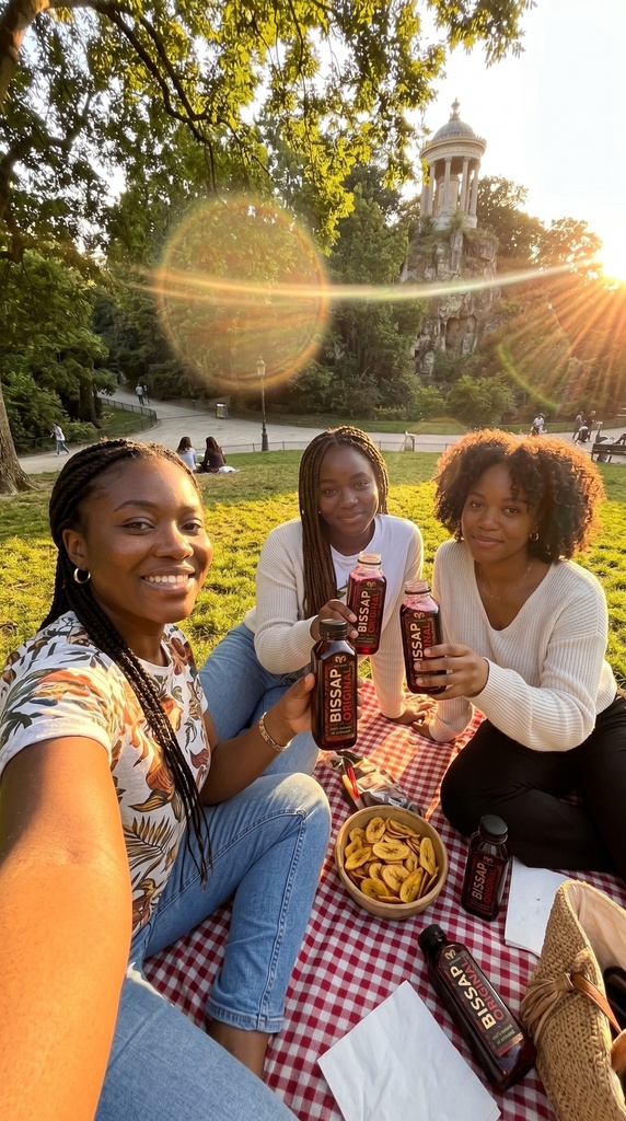 Trois amies diaspora afro picnic Buttes-Chaumont Paris bissap Mayagri golden hour