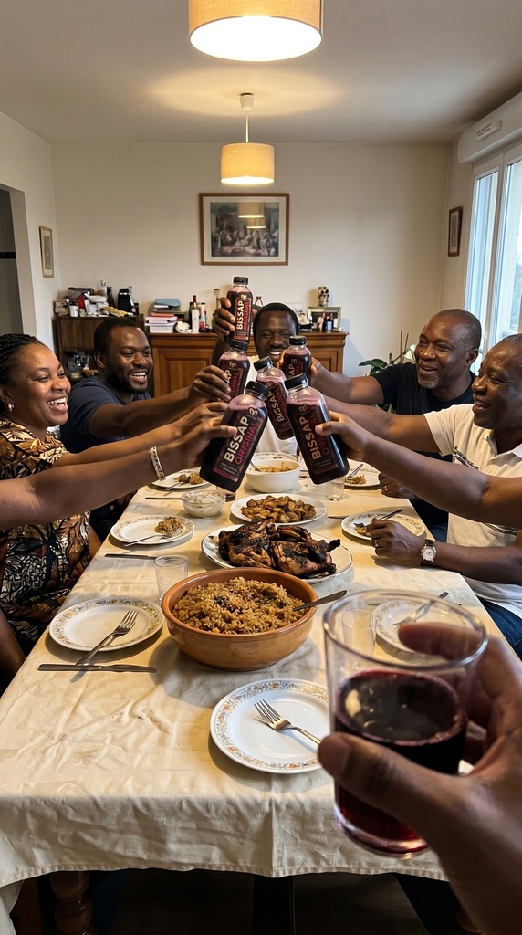 Repas dimanche familial diaspora afro banlieue Paris bouteilles bissap Mayagri tieboudienne