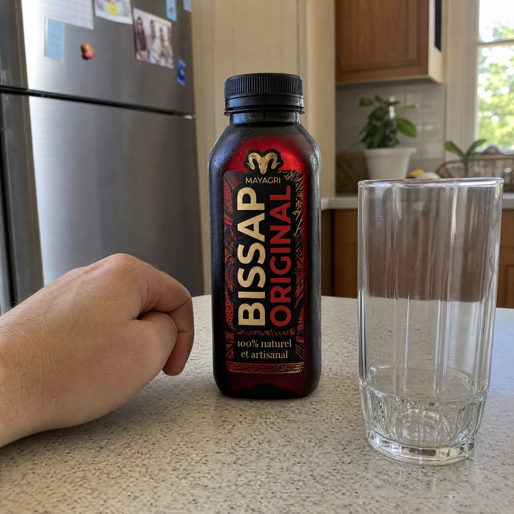 Bissap Original - taille reelle, a cote d une main et d un verre